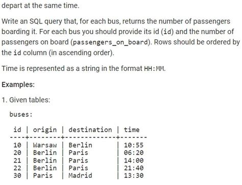 Example 1:. . Buses and passengers sql codility